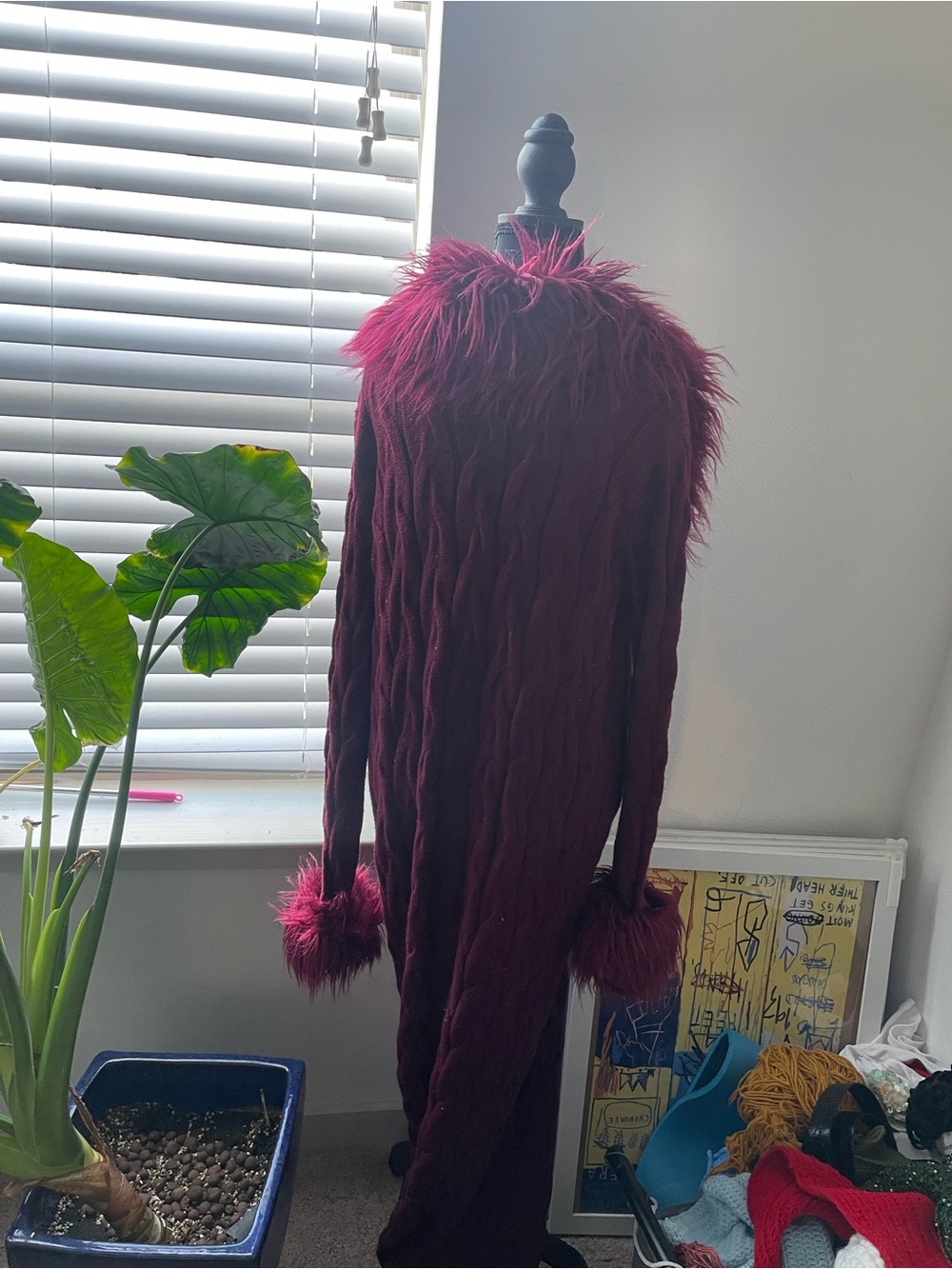 Fashion Nova Burgundy Faux Fur-Trim Cable Knit Cape - Picture 4 of 4